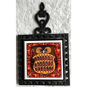 Vintage Holt Howard Cast Iron Kitchen Owl Tile Trivet, Hot Plate